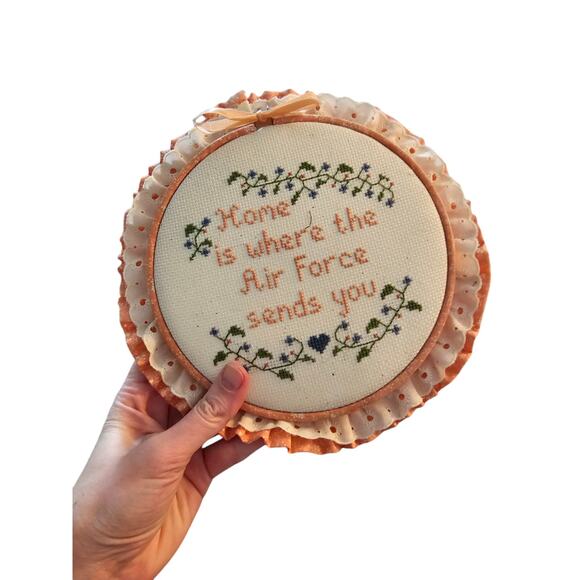 Vtg Home is Where The Air Force Sends You Cross Stitch Cottagecore Pink Lace - Picture 4 of 4